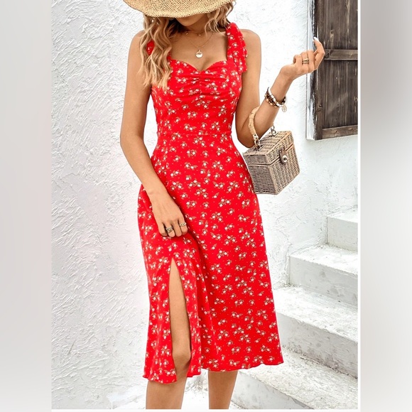 Dresses & Skirts - Red Ditsy Floral Print Ruched Bust Split Thigh Cami Dress